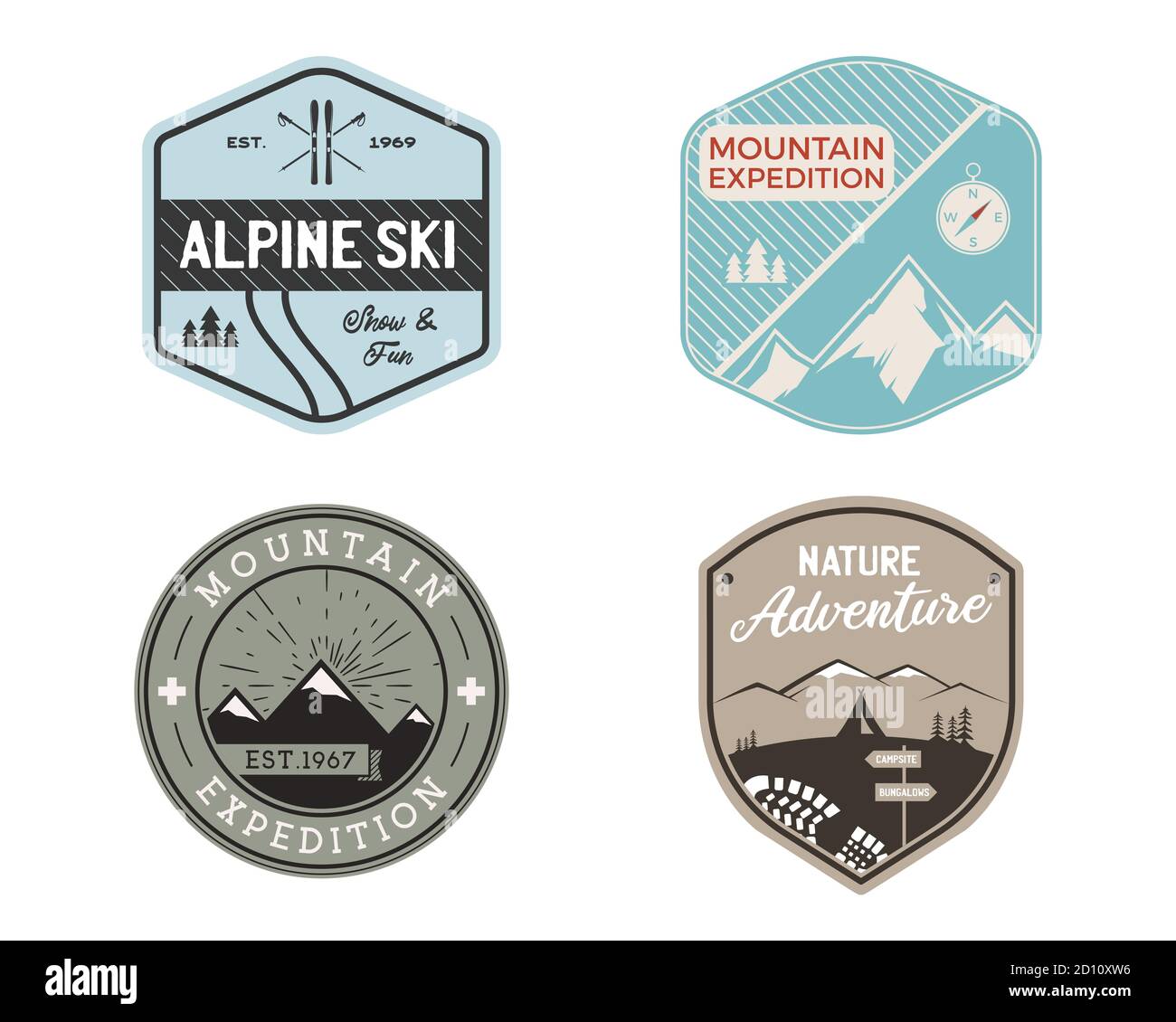 Set di loghi vintage per sci di montagna, adesivi per avventure in