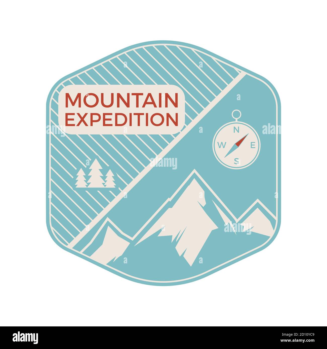Camping mountain Expedition logo emblema illustrazione disegno. Etichetta avventura all'aperto con montagne, bussola e testo. Adesivo per hipster lineare insolito Illustrazione Vettoriale
