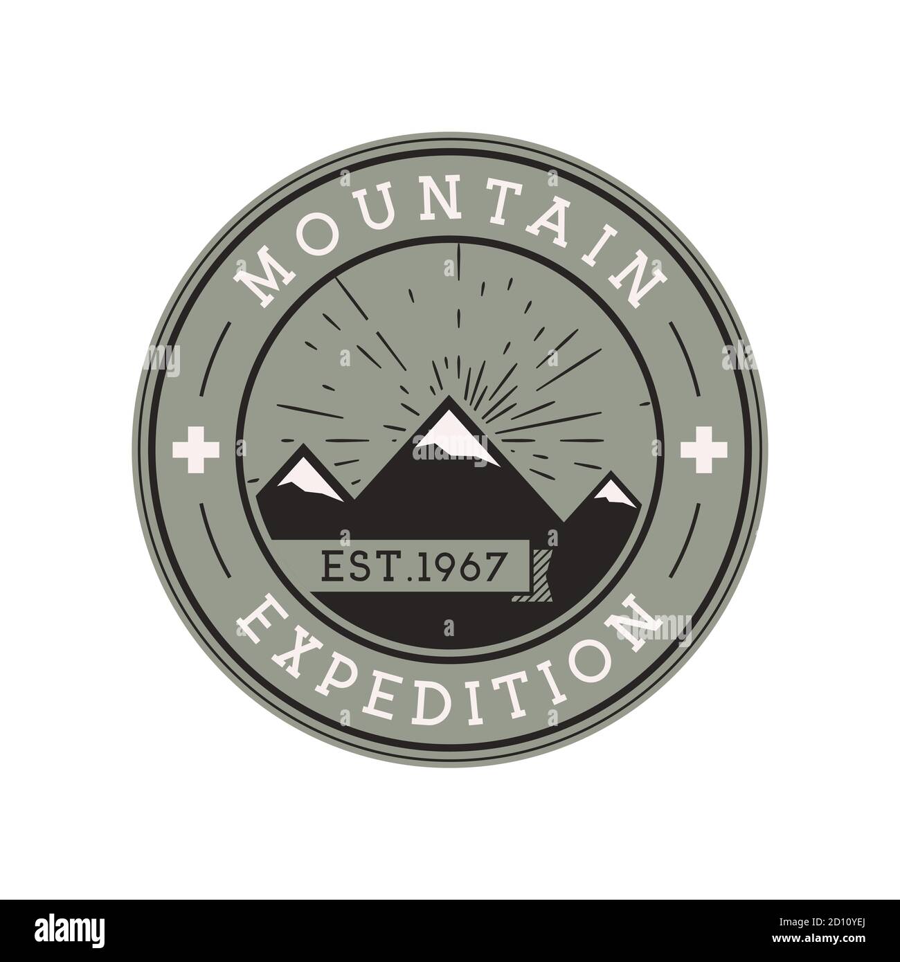 Camping mountain Expedition logo emblema illustrazione disegno. Etichetta avventura all'aperto con montagne e testo. Adesivo per hipster lineare insolito. Scorte Illustrazione Vettoriale