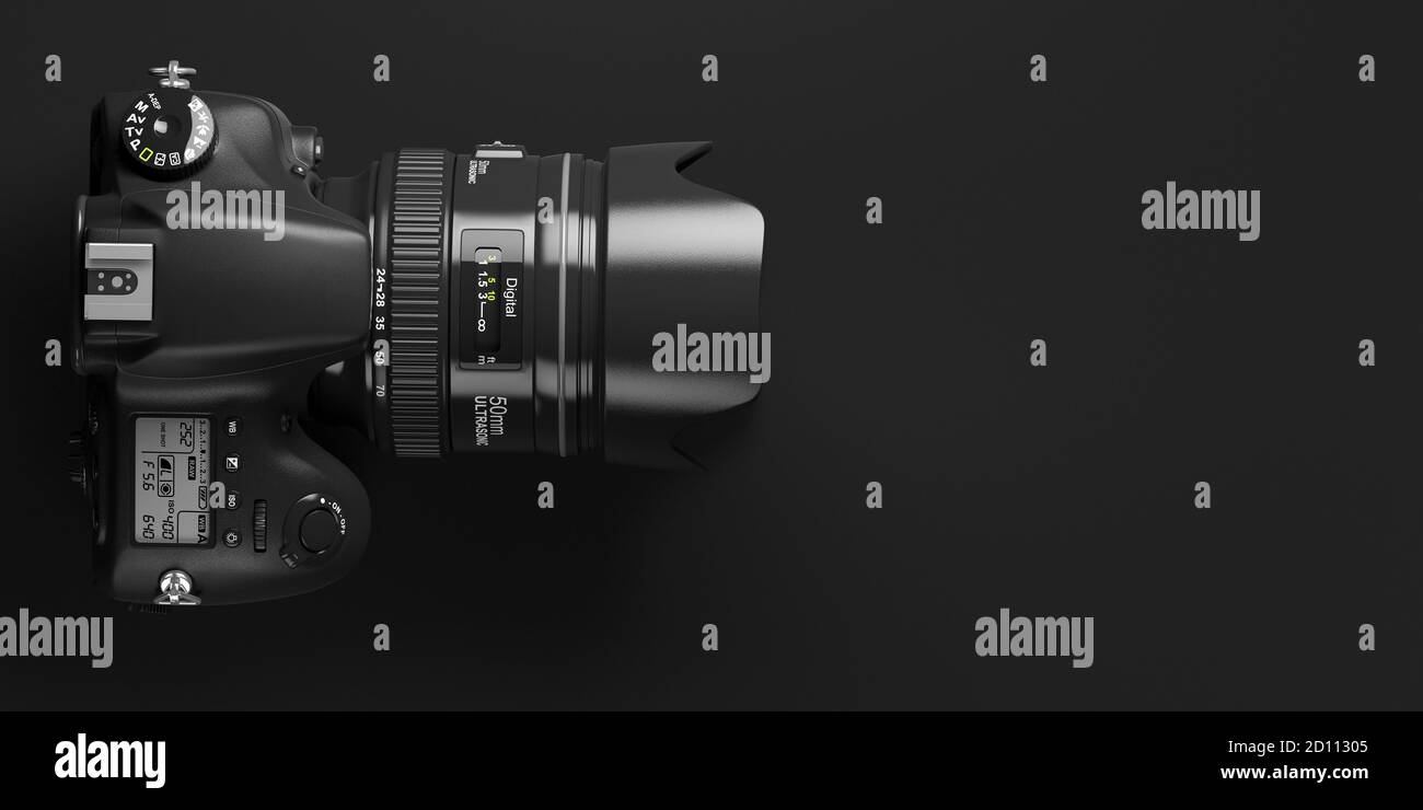 Fotocamera digitale professionale su sfondo nero. Vista dall'alto e spazio per il testo. illustrazione 3d Foto Stock