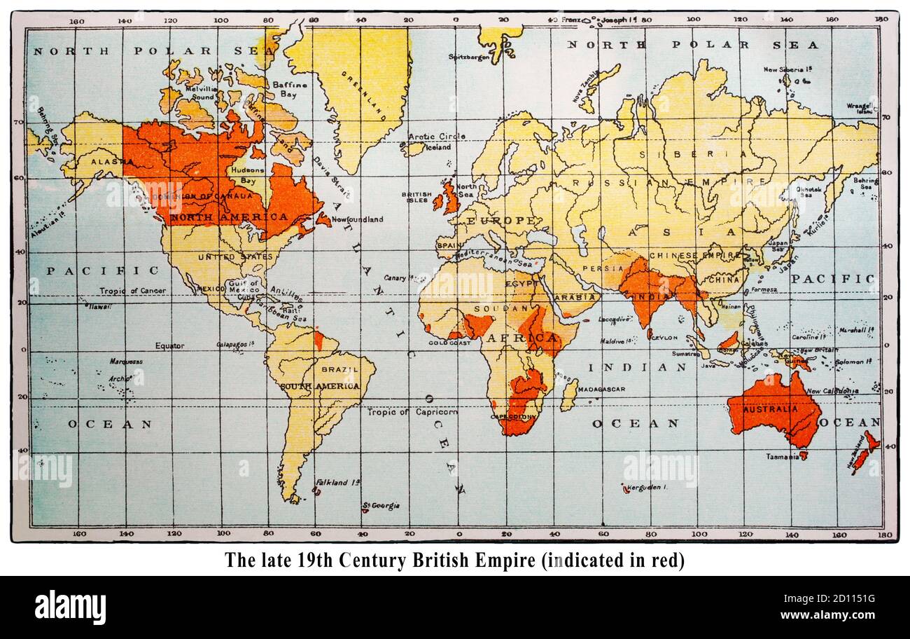 Una mappa del mondo della fine del XIX secolo, con l'Impero britannico segnato in rosso. L'Impero britannico comprendeva i domini, le colonie, i protettorati, i mandati e altri territori governati o amministrati dal Regno Unito e dai suoi stati predecessori. Nota: I nomi di alcune località non sono più in uso. Foto Stock