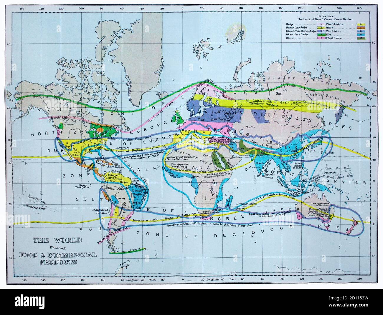 Una mappa del mondo della fine del XIX secolo, che mostra le fonti allora attuali di vari prodotti alimentari e commerciali. Nota i nomi di alcune località non sono più in uso. Foto Stock