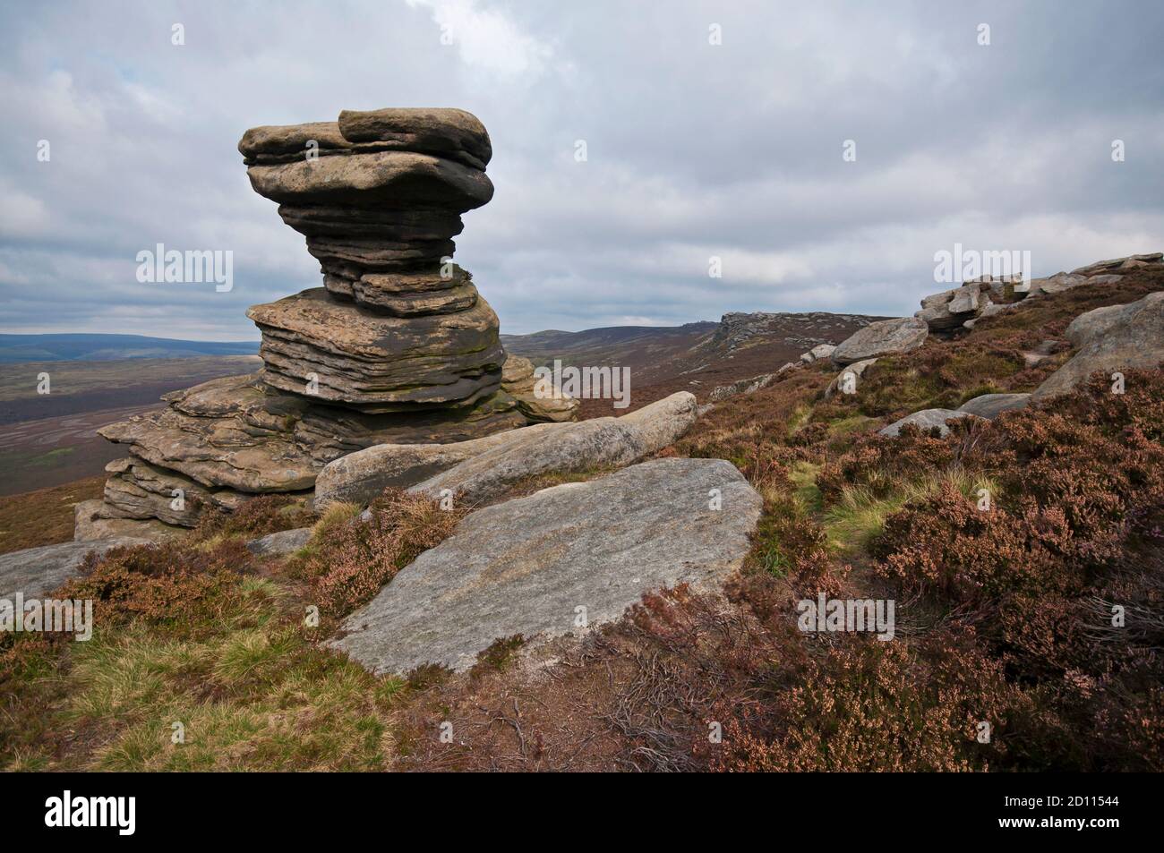 Salt Cellar, una grande formazione di pietra erbosa sul Derwent Edge nel Peak District National Park catturato all'inizio dell'autunno. Foto Stock