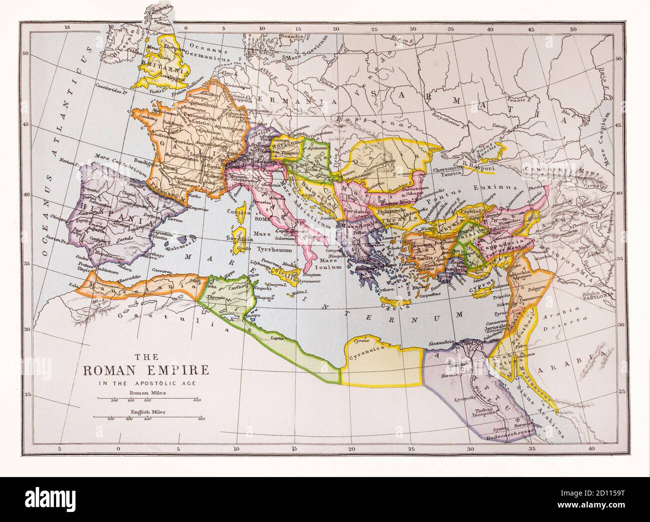 Una mappa del mondo di fine Ottocento, che mostra l'Impero Romano durante l'età Apostolica: Cioè il periodo dall'inizio del ministero di Gesù (c. 27–29 d.C.) fino alla morte dell'ultimo dei dodici Apostoli (c.. 100) (conosciuta come Età Apostolica). Foto Stock
