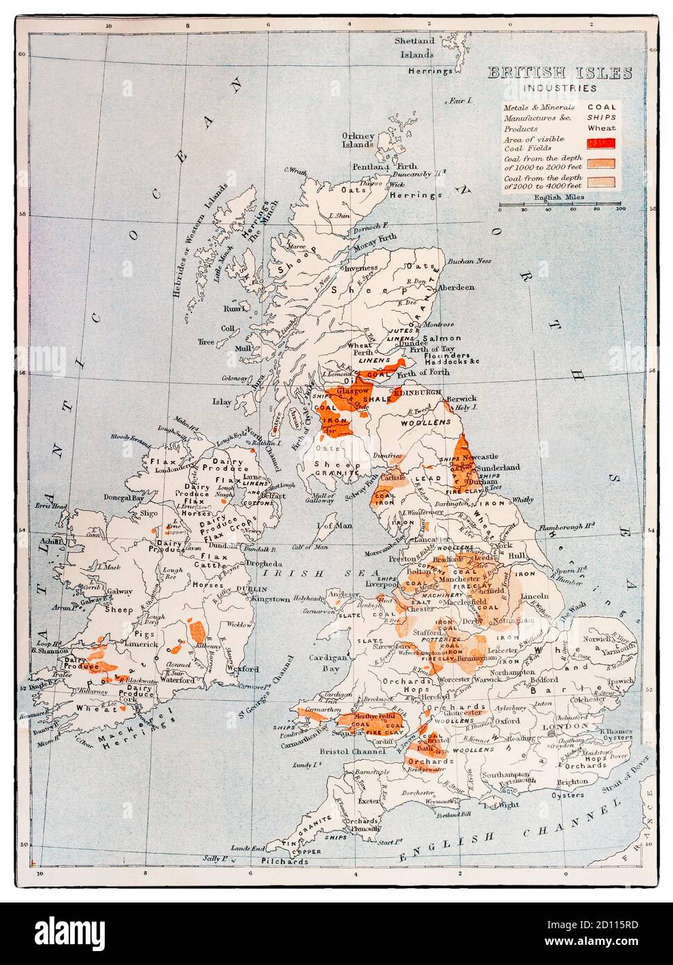 Una mappa delle isole britanniche della fine del XIX secolo che indica le posizioni delle varie industrie e della produzione alimentare. Foto Stock