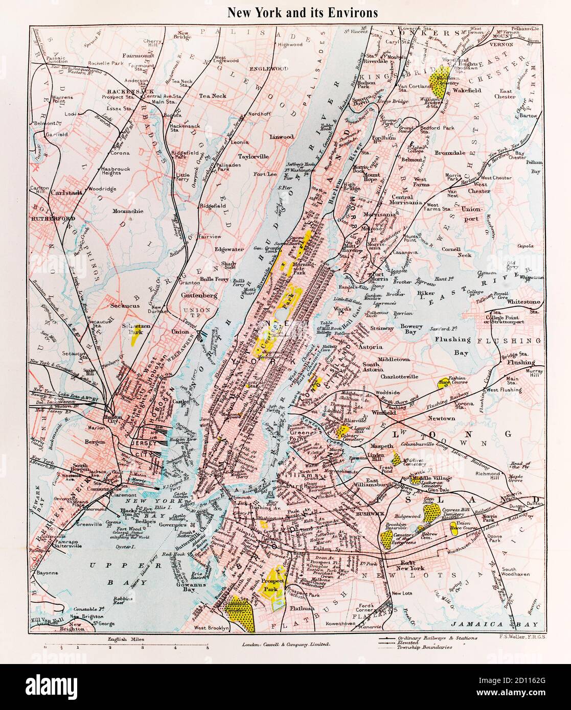 Una mappa stradale del tardo XIX secolo di New York e dei suoi dintorni. Foto Stock