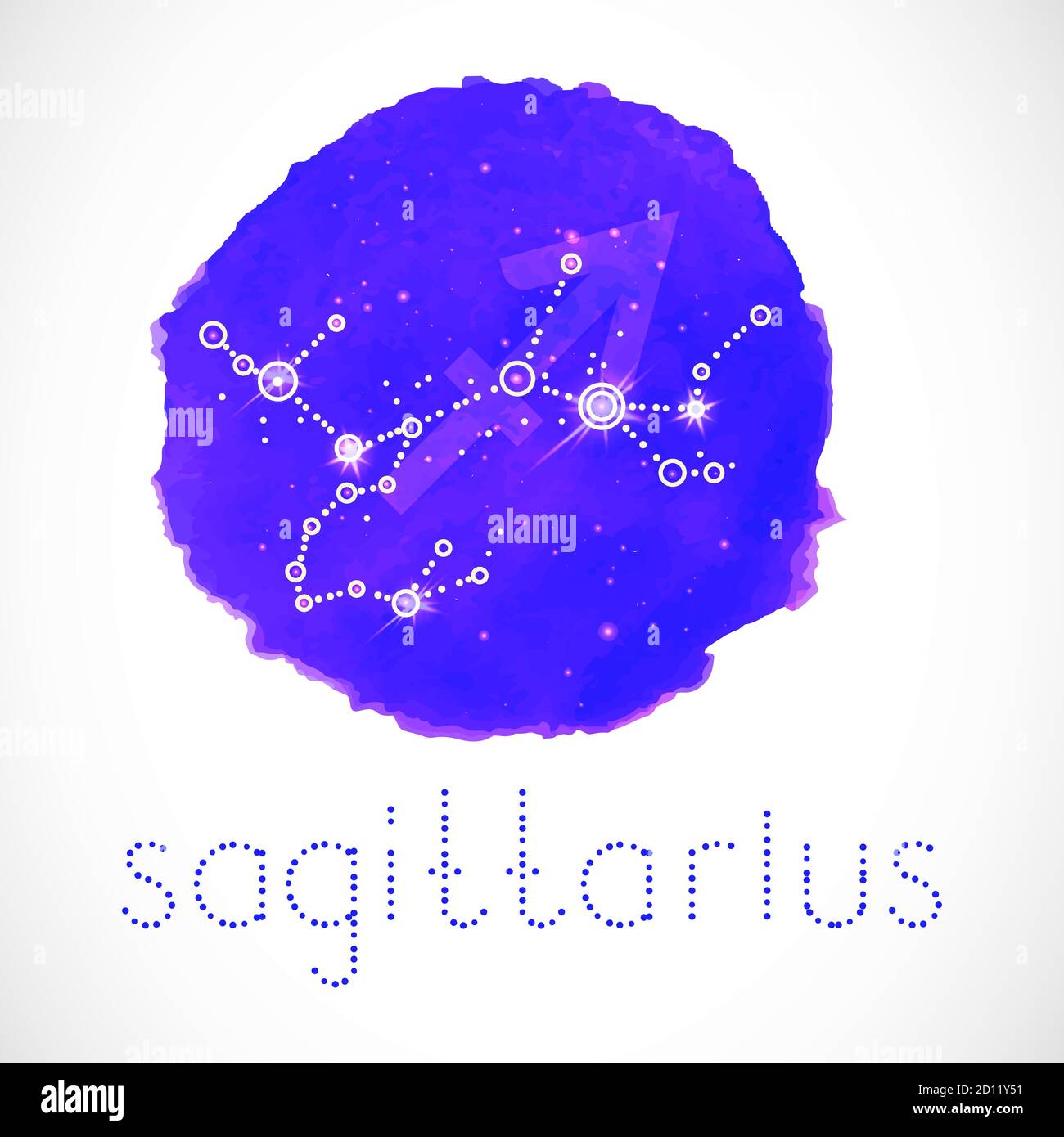 Illustrazione vettoriale con segno zodiacale e costellazione SAGITTARIO su uno sfondo di inchiostro grunge. Colorato. Illustrazione Vettoriale