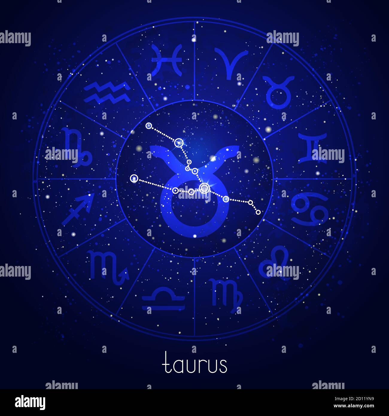 Segno zodiacale e costellazione TORO con cerchio oroscopo e simboli sacri sullo sfondo stellato del cielo notturno. Illustrazioni vettoriali di colore blu. Illustrazione Vettoriale