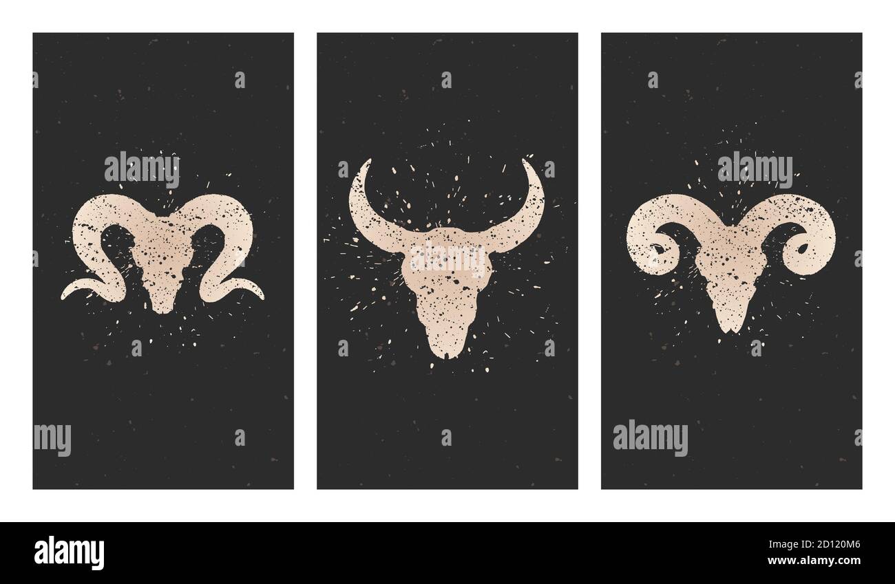 Serie vettoriale di tre illustrazioni con silhouette dorate teschi toro, arieti ed elementi grunge su sfondo nero. Per la progettazione, la stampa, il tatuaggio o il ma Illustrazione Vettoriale