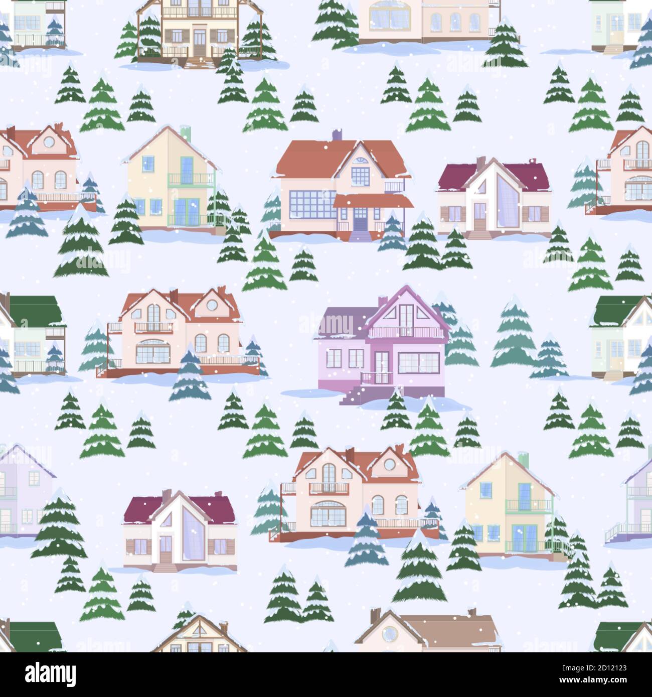 Modello vettoriale senza giunture di case suburbane e abeti. Paesaggio invernale e nevicata. Stile piatto. Illustrazione Vettoriale