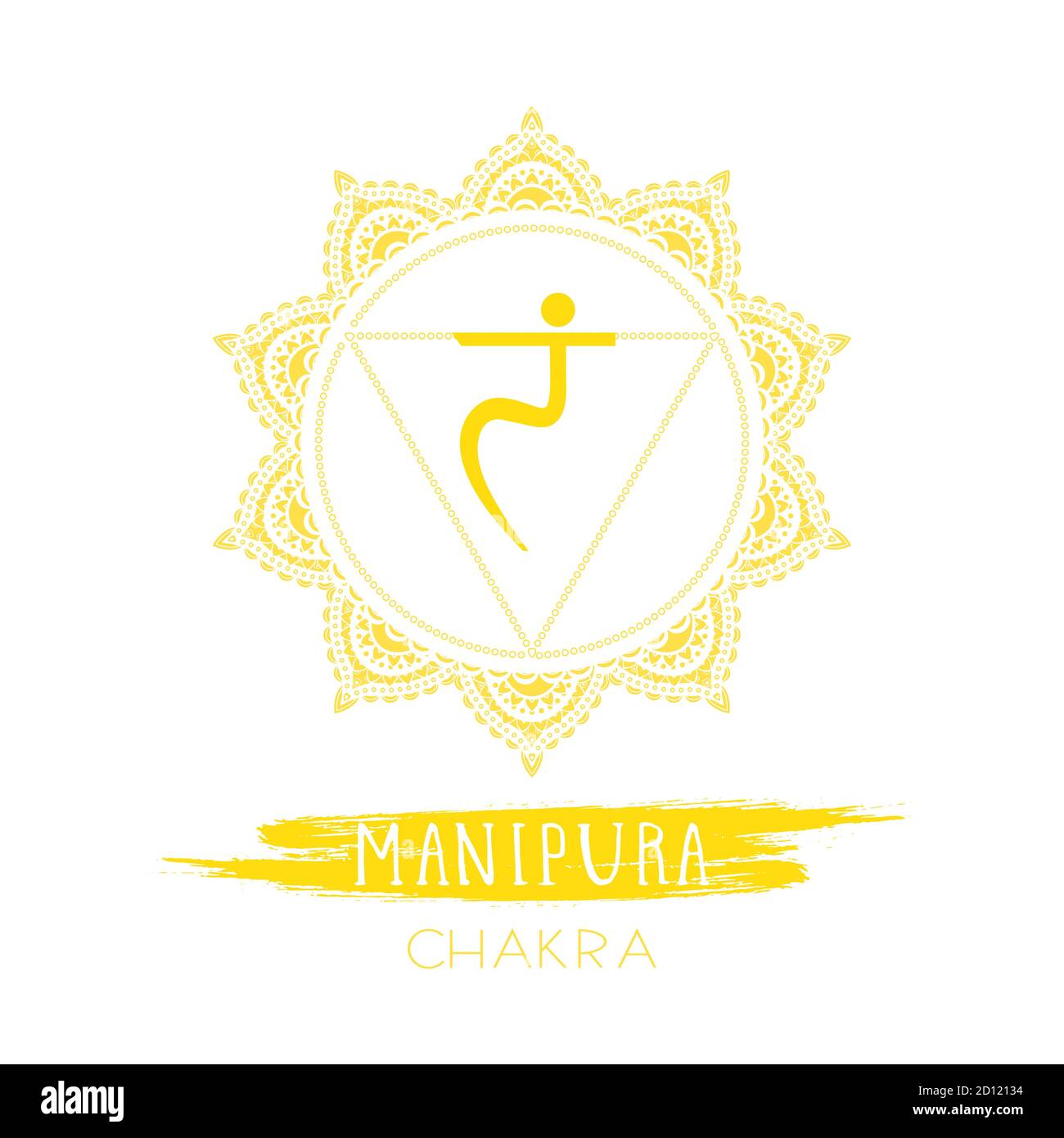 Illustrazione vettoriale con il simbolo Manipura - Solar Plexus chakra ed elemento acquerello su sfondo bianco. Cerchio modello mandala e la lett disegnata a mano Illustrazione Vettoriale