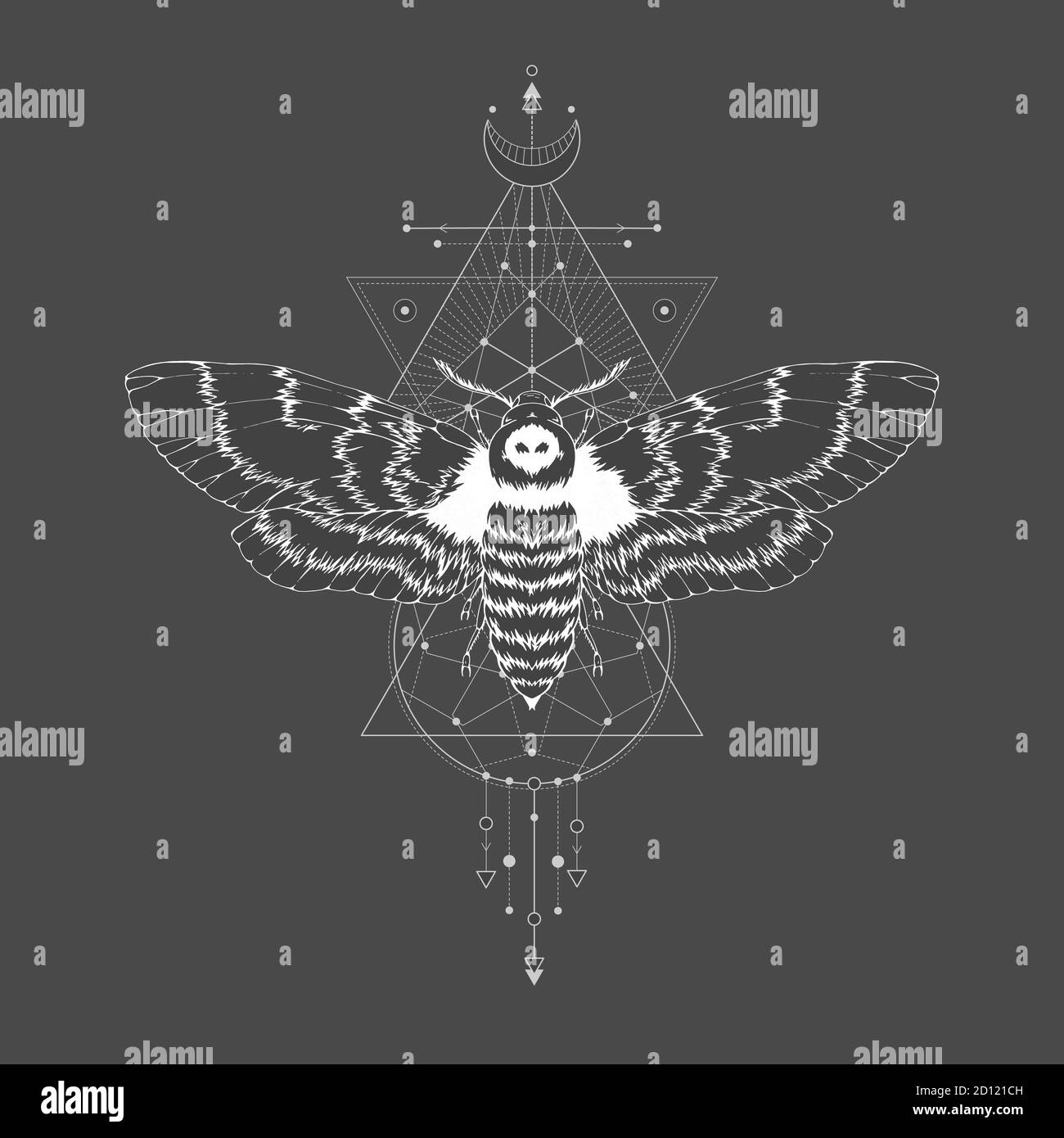 Illustrazione vettoriale con falena morta disegnata a mano e simbolo geometrico Sacro su sfondo nero vintage. Segno mistico astratto. Forma lineare bianca. Illustrazione Vettoriale