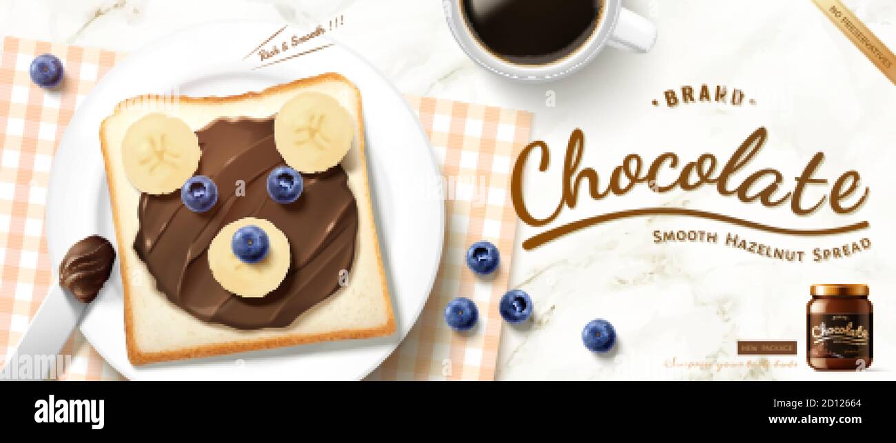 Annuncio creativo di cioccolato in illustrazione 3d, colazione sana con toast al cioccolato a forma di orso e frutta fresca Illustrazione Vettoriale