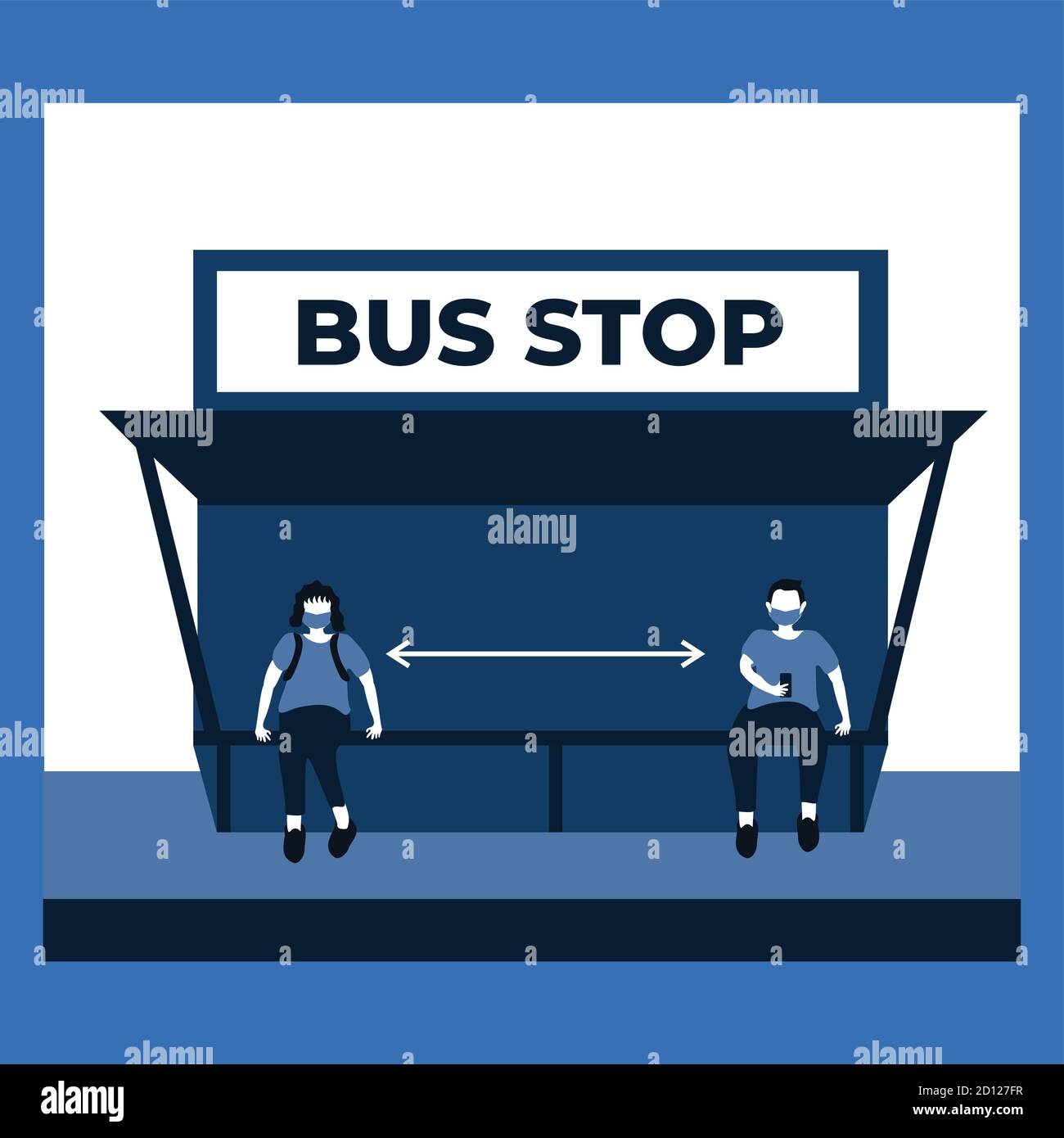 un uomo e una donna che fanno il divaricarsi sociale e indossare il masker alla fermata dell'autobus - due illustrazioni piatte tono Illustrazione Vettoriale