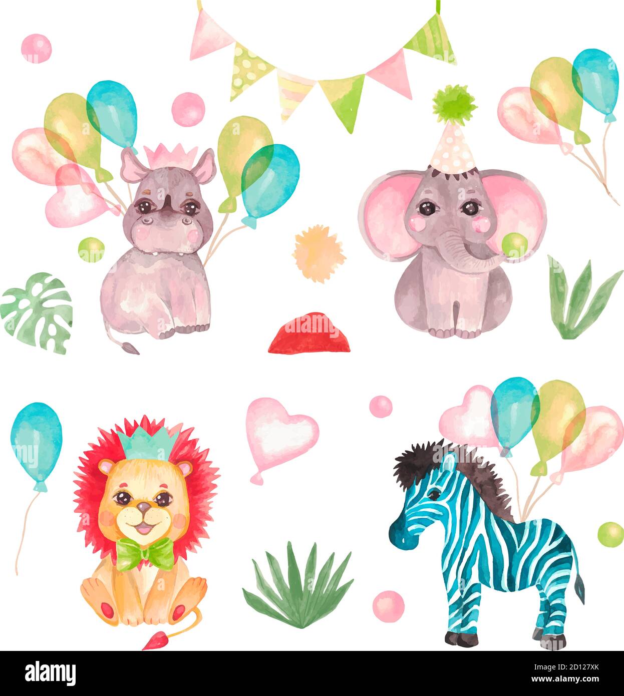 Collezione di animali da Safari carini con palloncini. Festa di compleanno,  personaggi bambini, vettore Immagine e Vettoriale - Alamy
