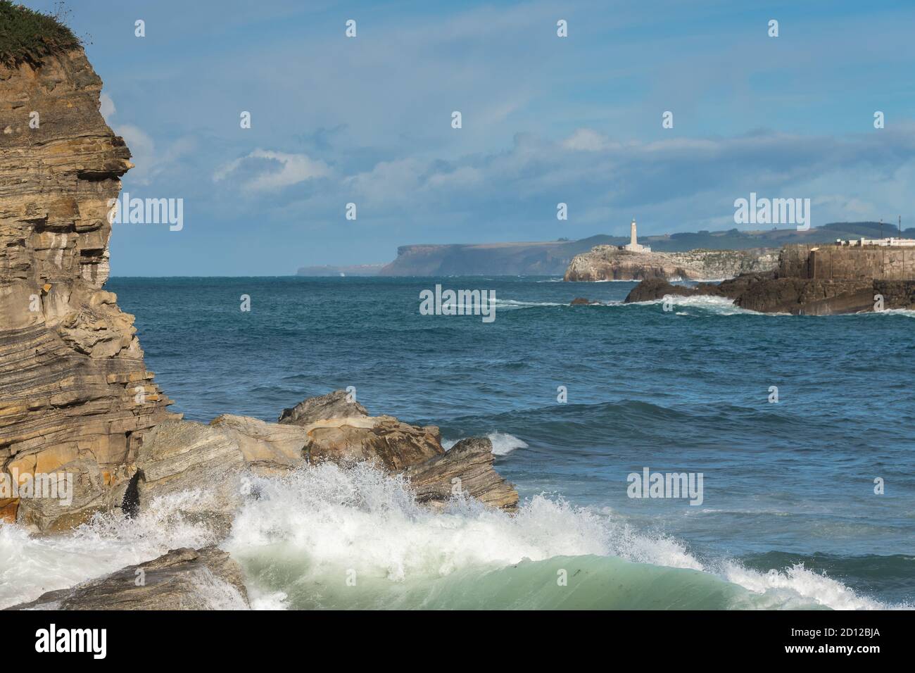 Baia di Santander con faro di Mouro sullo sfondo, Santander, Spagna Foto Stock