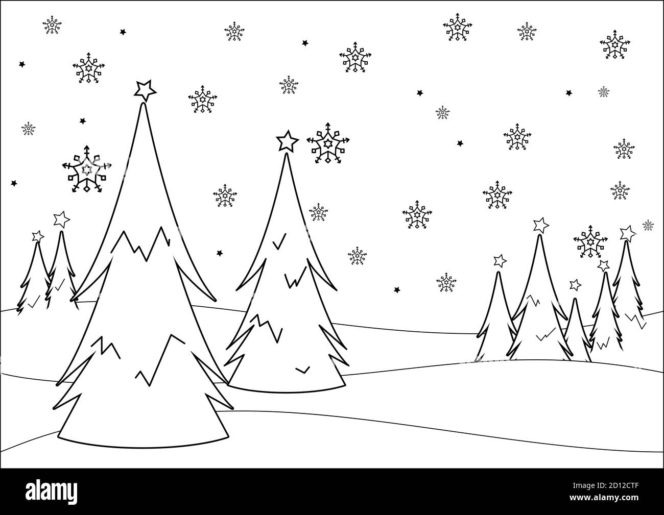 Paesaggio invernale con alberi nella neve. Pagina da colorare in bianco e nero Foto stock - Alamy