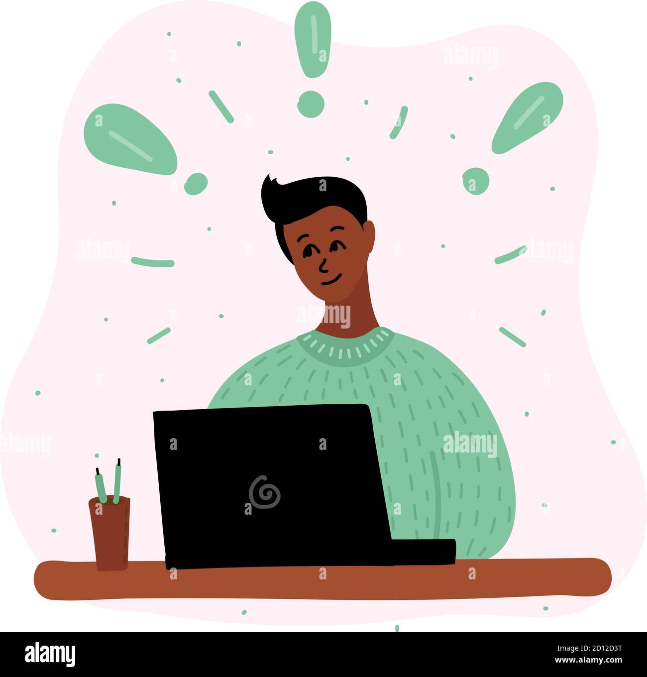 Vettore cartoon illustrazione del ragazzo nero africano blogging in internet, imparare o piying gioco. Un punto esclamativo intorno a lei. E-learning, lavoro a distanza Illustrazione Vettoriale