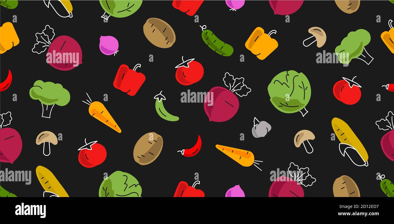 motivo senza cuciture con icone di verdure semplici illustrazioni luminose e colorate, effetto disegnato a mano, sfondo scuro Foto Stock