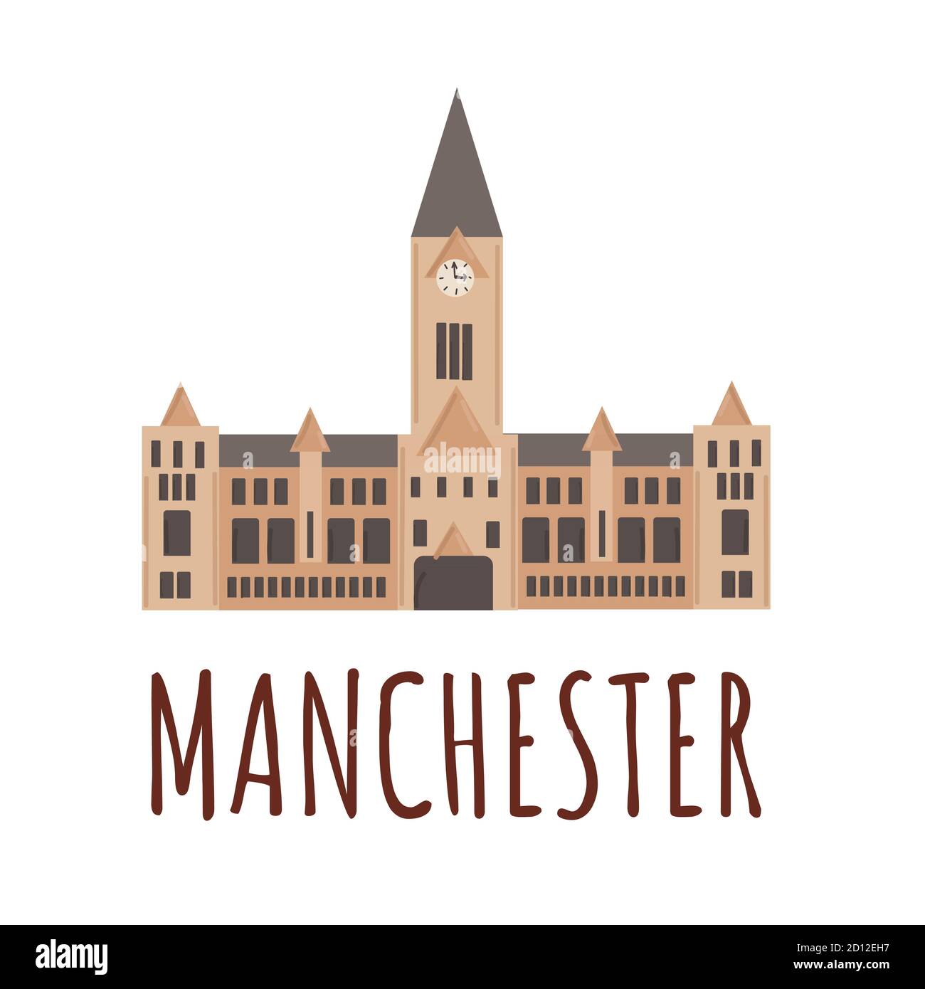 Edificio del Municipio di Manchester. Illustrazione vettoriale della famosa città del Regno Unito, stile piatto. Simbolo di viaggio dell'icona della Gran Bretagna Illustrazione Vettoriale