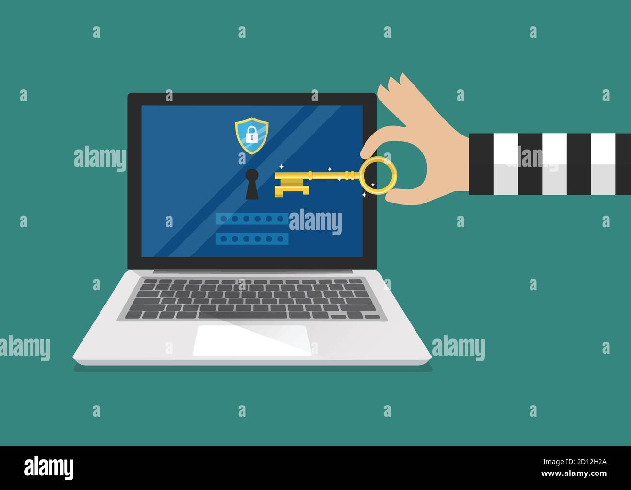 Hacker provare a sbloccare il portatile. Ransomware malware virus computer. Illustrazione vettoriale Illustrazione Vettoriale