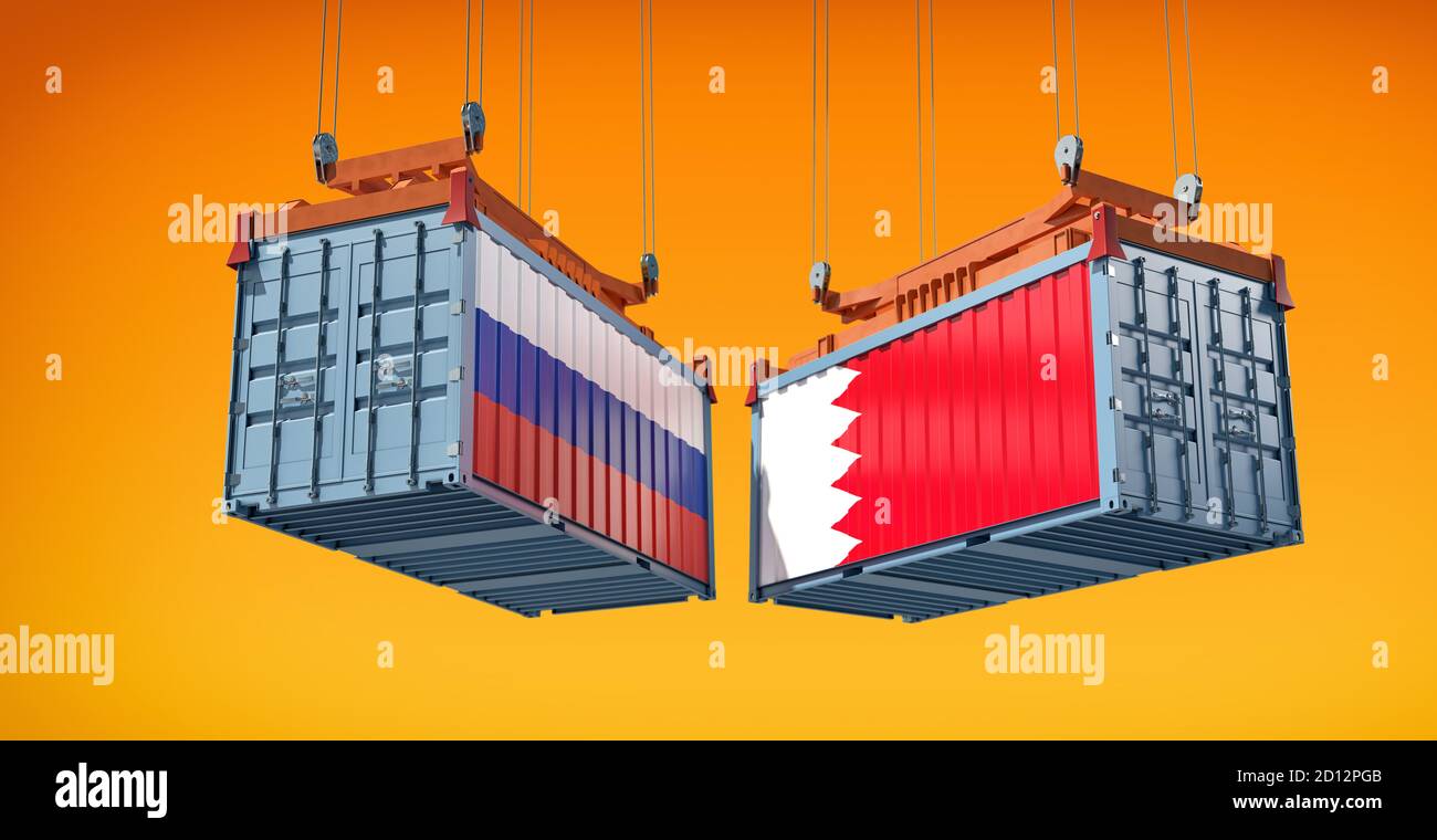 Container con bandiera nazionale della Russia e del Bahrein. Rendering 3D Foto Stock