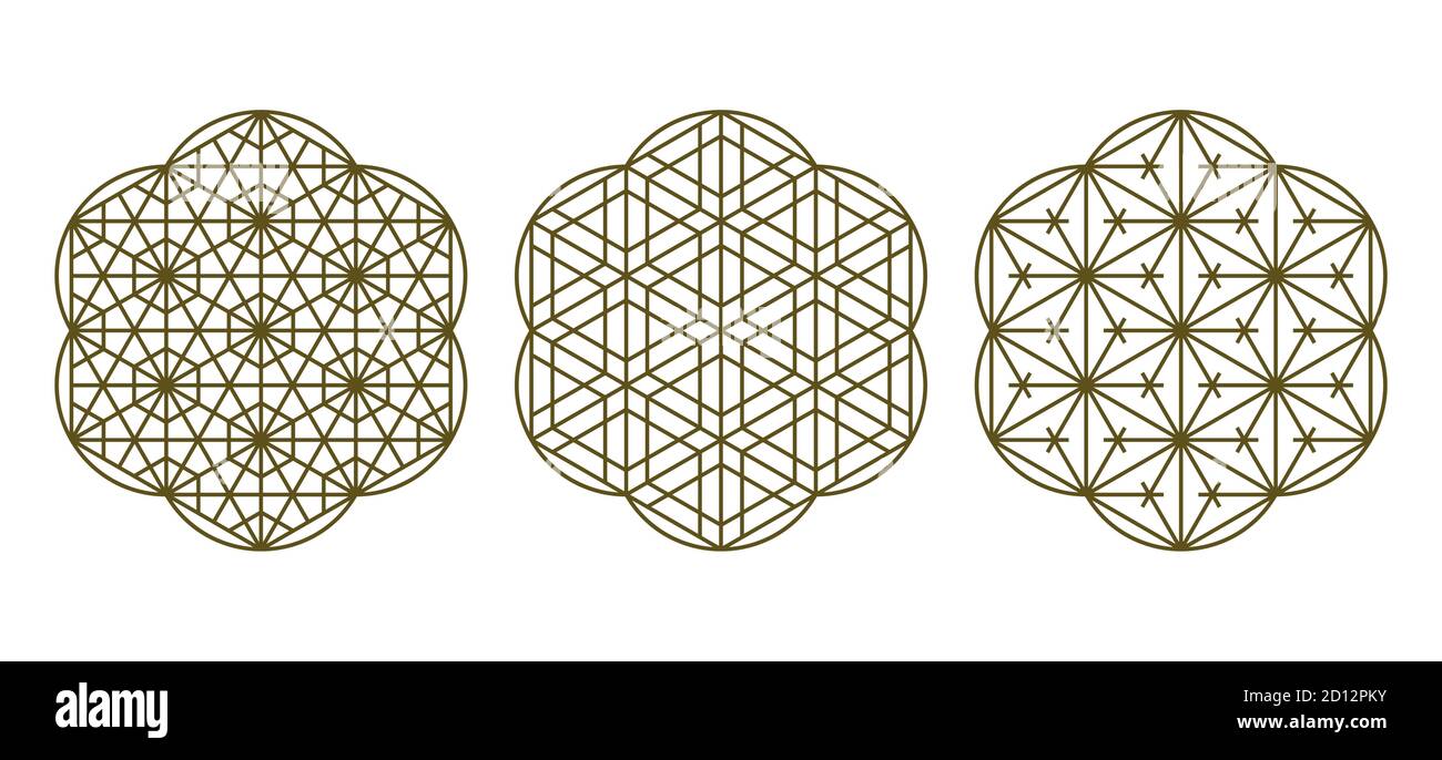 Tre elementi di design basati su arte decorativa giapponese Kumiko zaiku.per lasercutting, stampa . Illustrazione Vettoriale