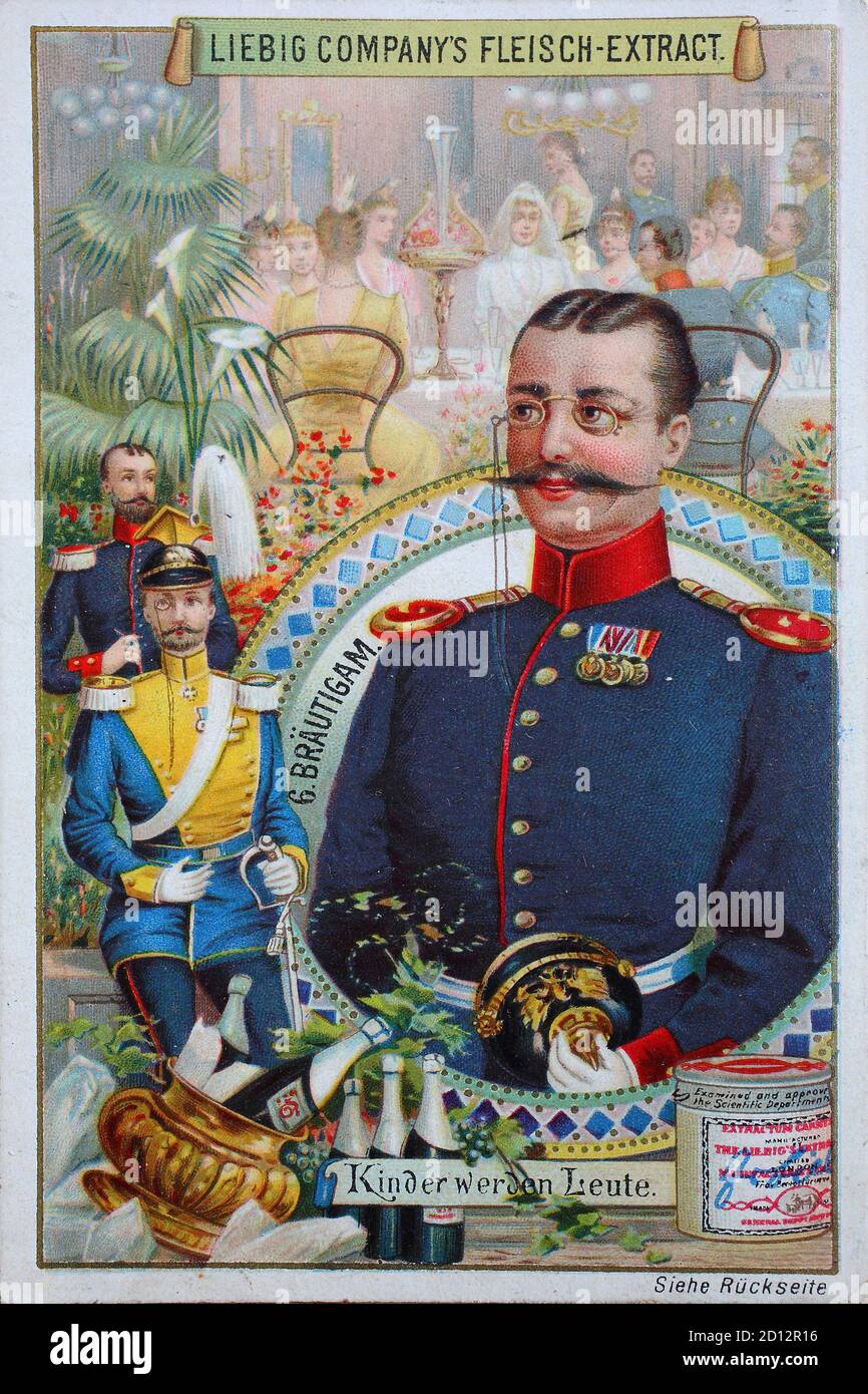 Immagini per i bambini sono persone che sposano in uniforme militare / Bilderserie Kinder werden Leute, Bräutigam in Militäruniform, riproduzione digitale migliorata di un'immagine da collezione dalla società Liebig, stimato da 1900, pd / verbesserte digitale Reproduktion eines Sammeldes von ca 1900, gemeinfrei Foto Stock