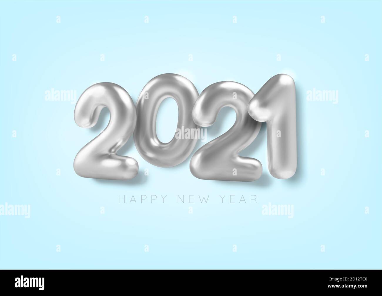 Felice Anno Nuovo. 3D realistico argento iscrizione palloncino 2021 su sfondo blu. Testo metallico. Illustrazione vettoriale. Illustrazione Vettoriale