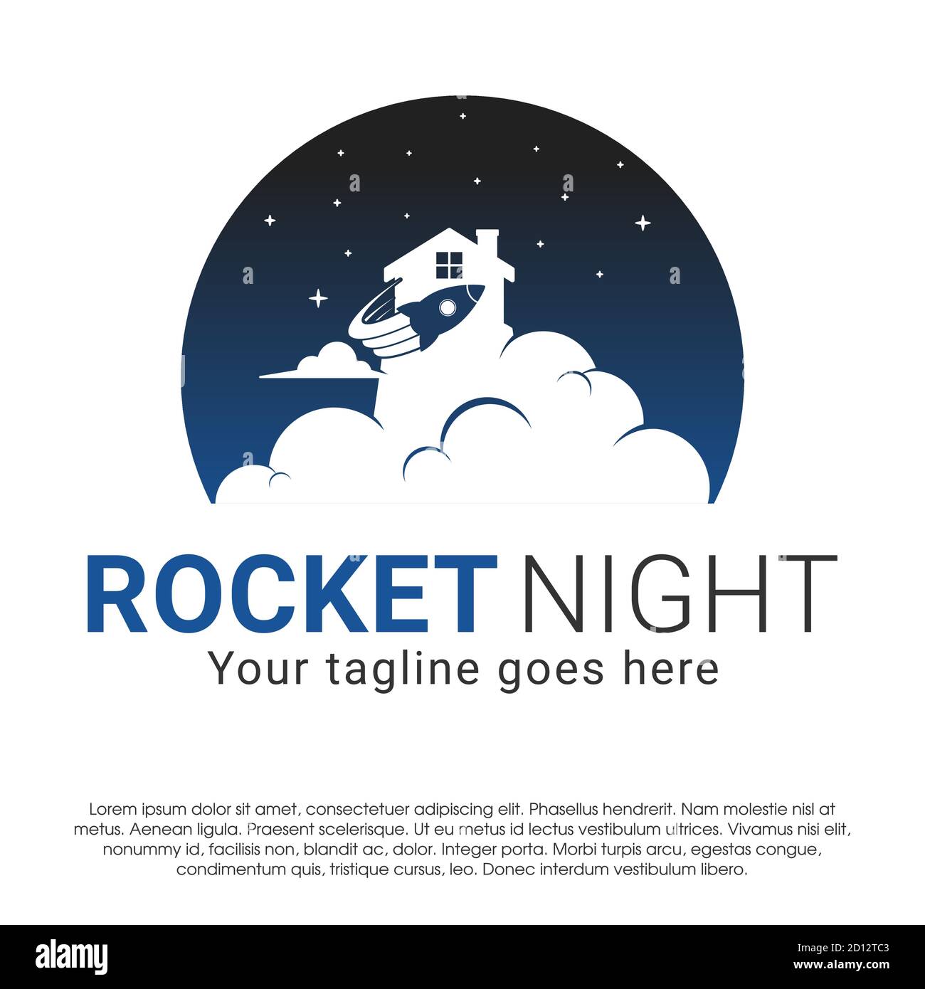 Rocket Home negativo spazio vettore logo concept modello di design isolato su sfondo bianco. Logo vettoriale home Rocket Illustrazione all'interno di un cerchio Illustrazione Vettoriale