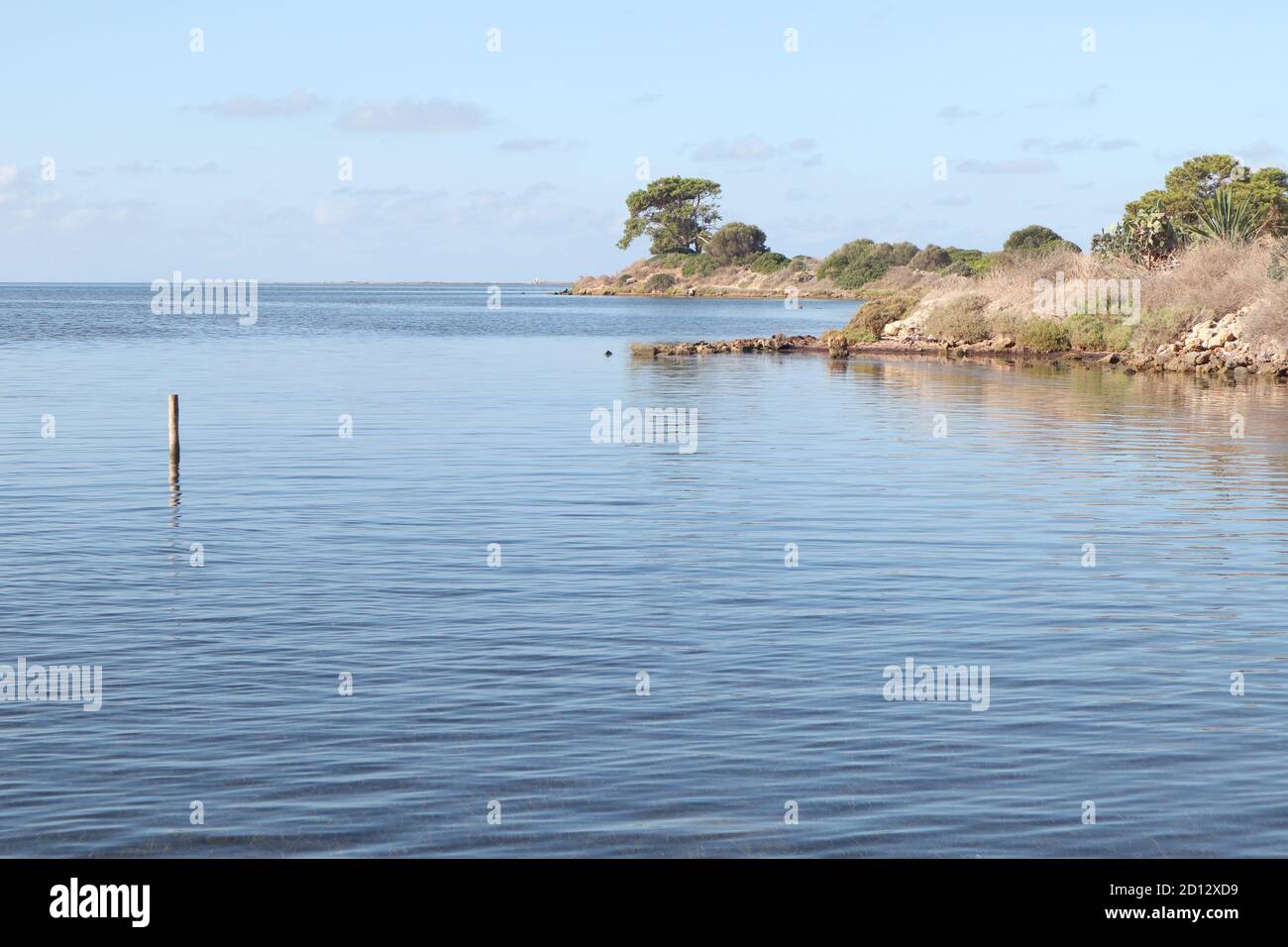 Acque tranquille della laguna di Stagnone vicino all'isola di Mozia Di Trapani Sicilia Foto Stock