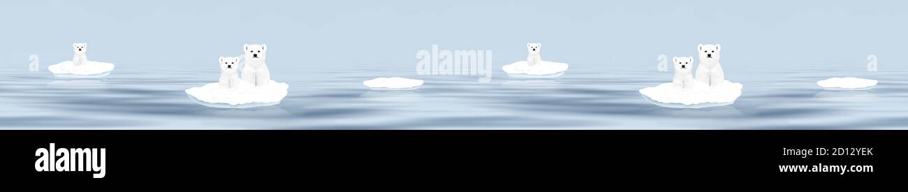 Panorama senza cuciture con orsi polari. Orsi polari senza cuciture sui galleggianti di ghiaccio innevati. Grafica digitale. Foto Stock