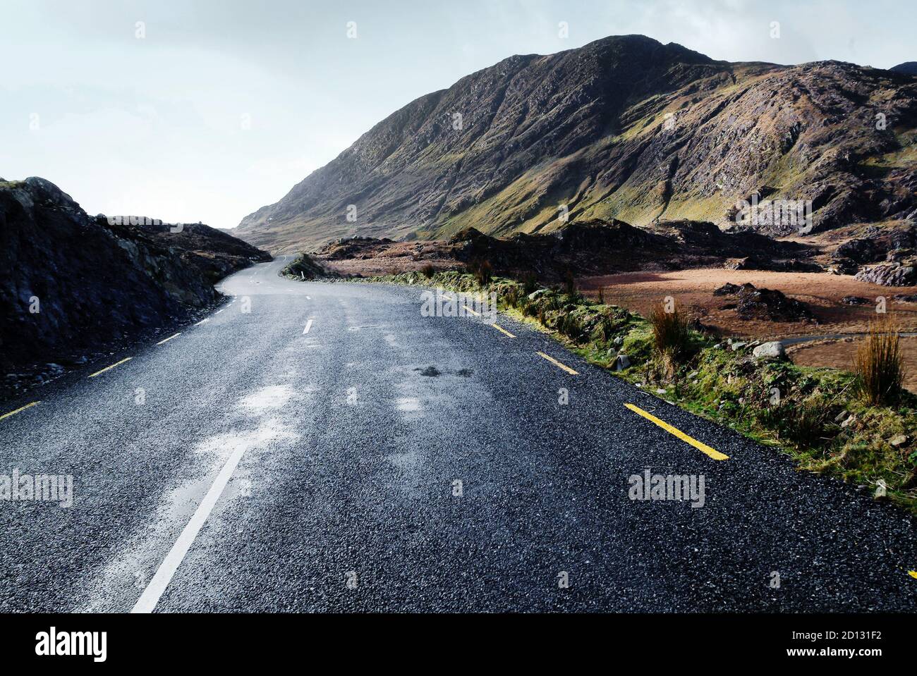 Una strada di campagna bagnata dalla pioggia al sole conduce attraverso un paesaggio collinare accidentato in Irlanda vicino a Killarney. Foto Stock