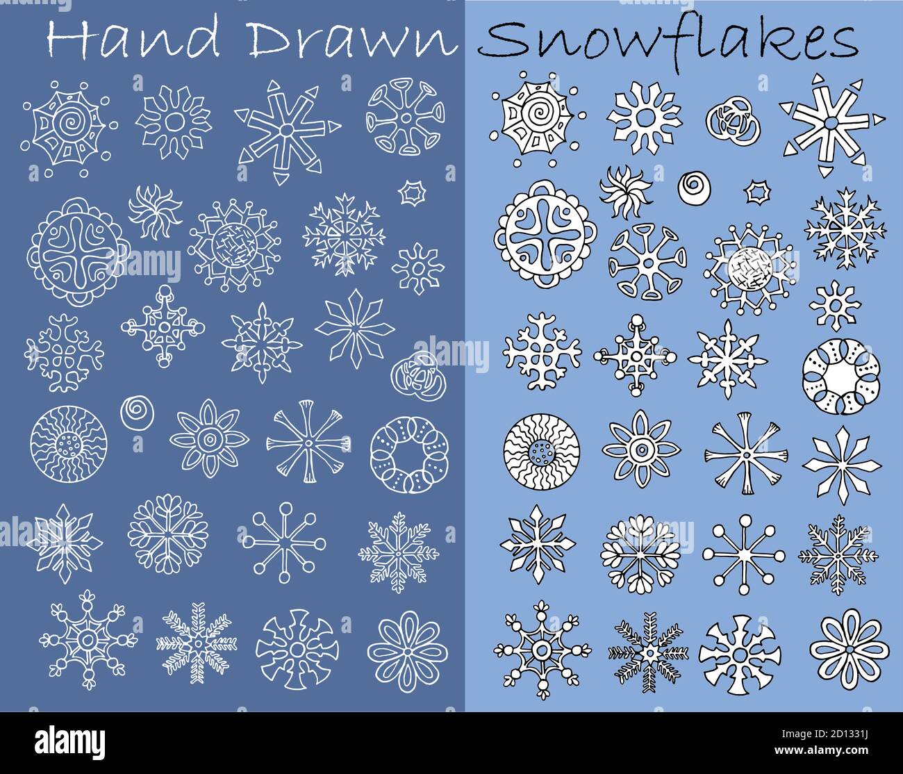 Set con fiocchi di neve bianchi disegnati a mano ART. Illustrazione del doodle vettoriale, disegno stagionale invernale ed elemento di disegno per biglietti d'auguri, Natale An Illustrazione Vettoriale