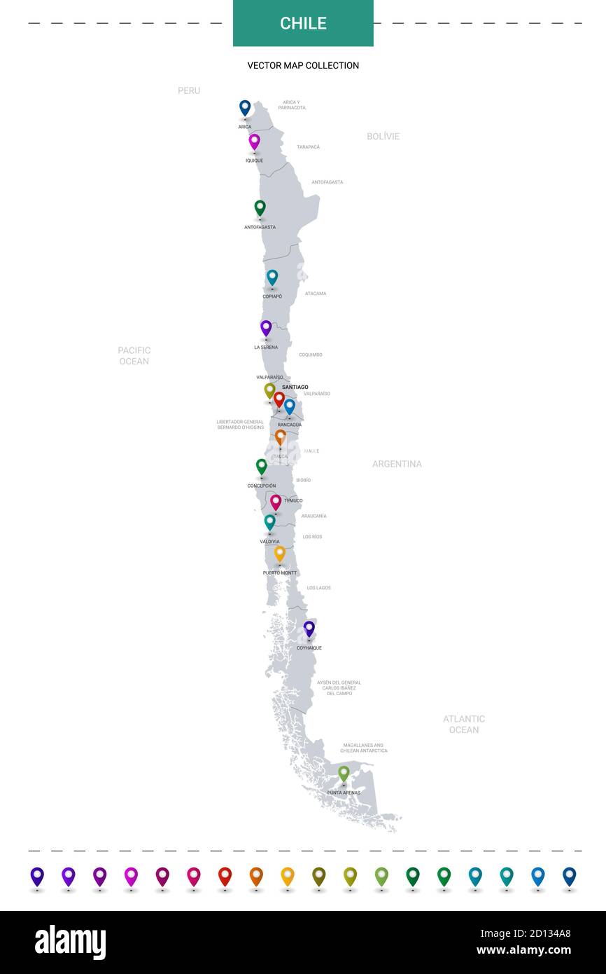 Mappa del Cile con indicatori di posizione. Modello vettoriale infografico, isolato su sfondo bianco. Illustrazione Vettoriale