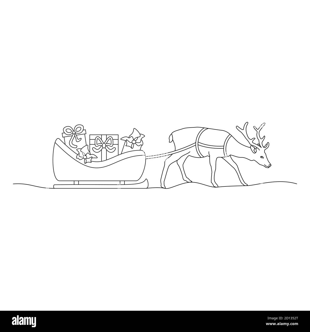 Renna di Natale e la sua slitta piena di doni. Pagina da colorare. Illustrazione Vettoriale