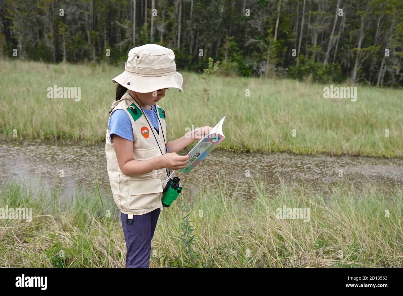 Ragazza che impara sulla natura in una classe all'aperto. Foto Stock