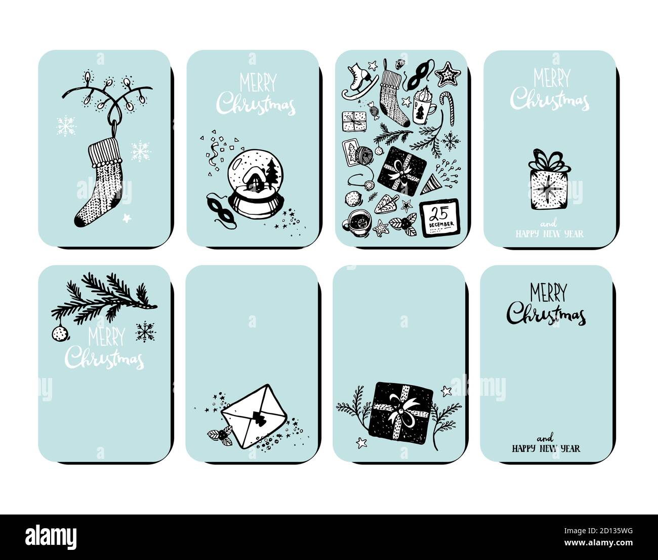 Set di schede di Capodanno. Auguri di Natale con disegni a mano. Immagine vettoriale con doodle su sfondo blu. Collezione per design, vendita, inviti, arredamento per le vacanze Illustrazione Vettoriale