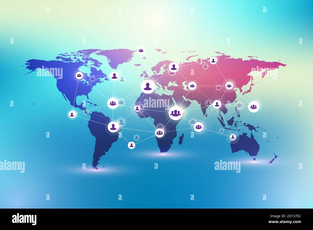 Social media network e concetto di marketing su sfondo World Map. Concetto di business globale e tecnologia Internet, reti analitiche, illustrazione Foto Stock