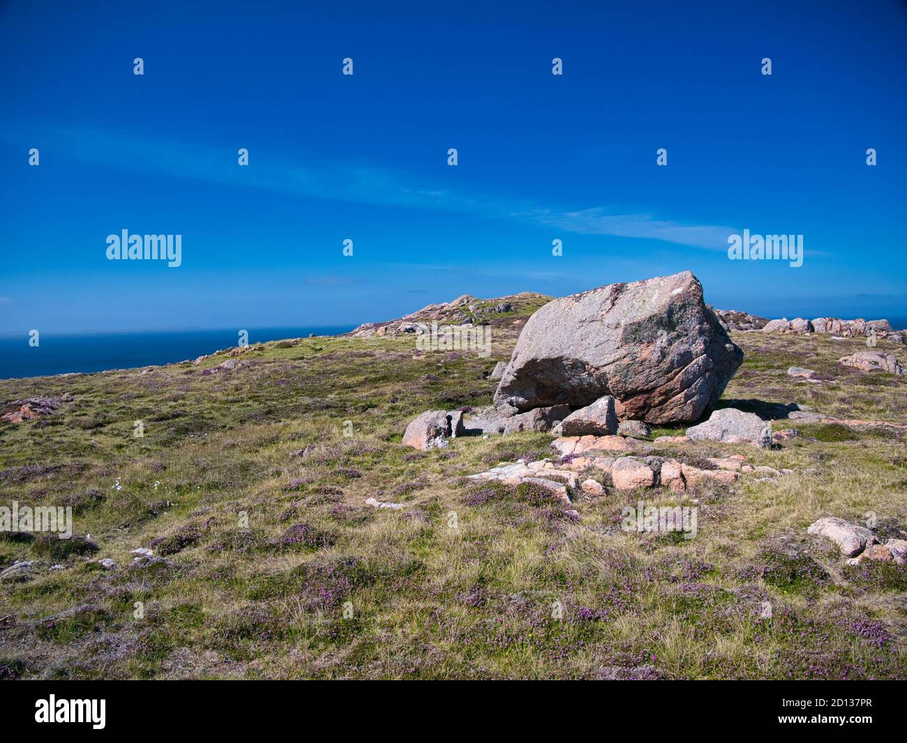 Un masso erratico sulla collina delle lingue su Muckle Roe, Shetland, UK - il bedrock in questa zona è della Muckle Roe Intrusion - granito, granofirico - i Foto Stock