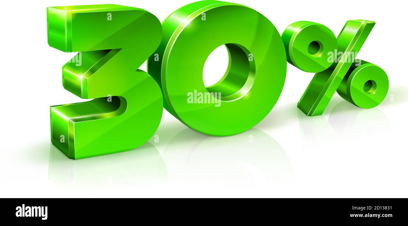Verde lucido 30 trenta per cento di sconto, vendita. Isolato su sfondo bianco, oggetto 3D. Illustrazione Vettoriale