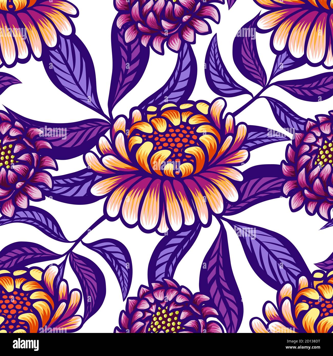 Motivo vintage floreale disegnato a mano senza cuciture con fiori e foglie. Favolosi fiori viola-arancio e foglie di lilla su sfondo bianco. Tropicale Illustrazione Vettoriale