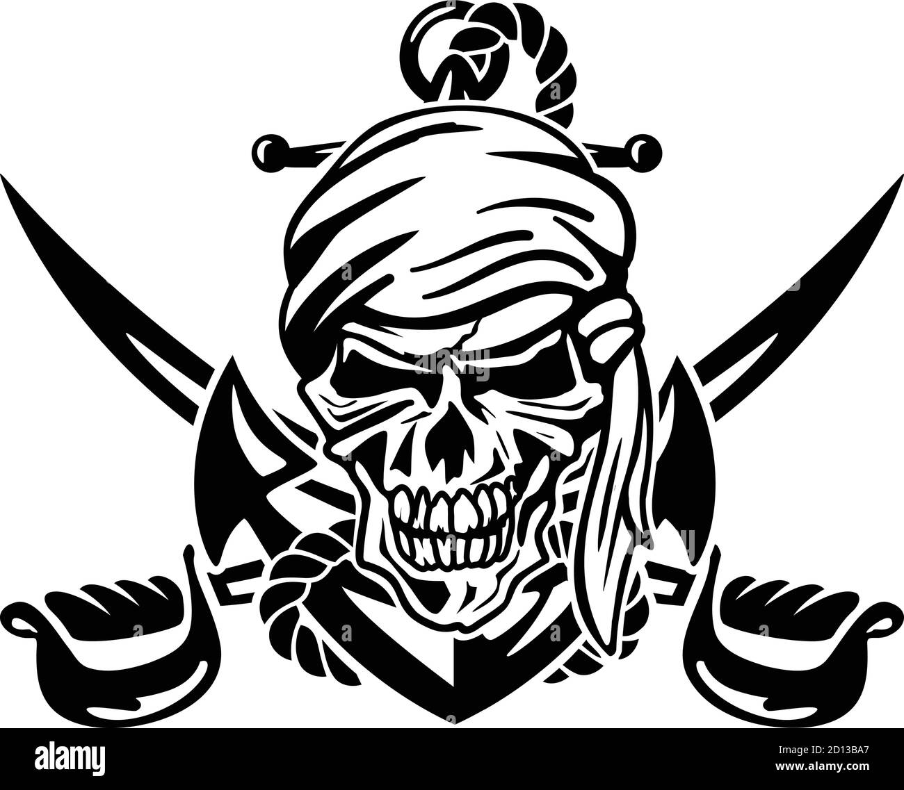 Cranio pirata con ancora, corda e Spade incrociate Illustrazione vettoriale isolata Illustrazione Vettoriale