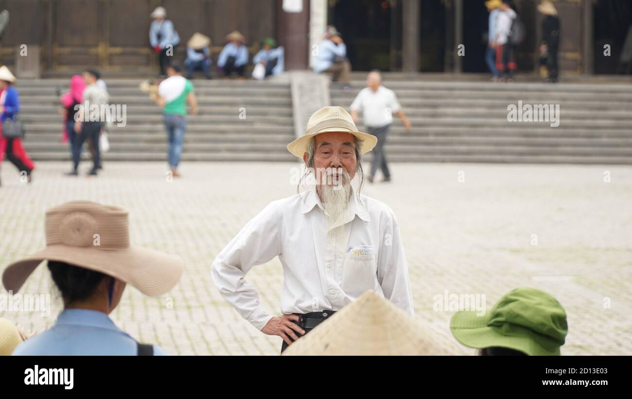 Ninh Binh verde erba paesaggi e templi con gite in barca in Vietnam. Foto Stock