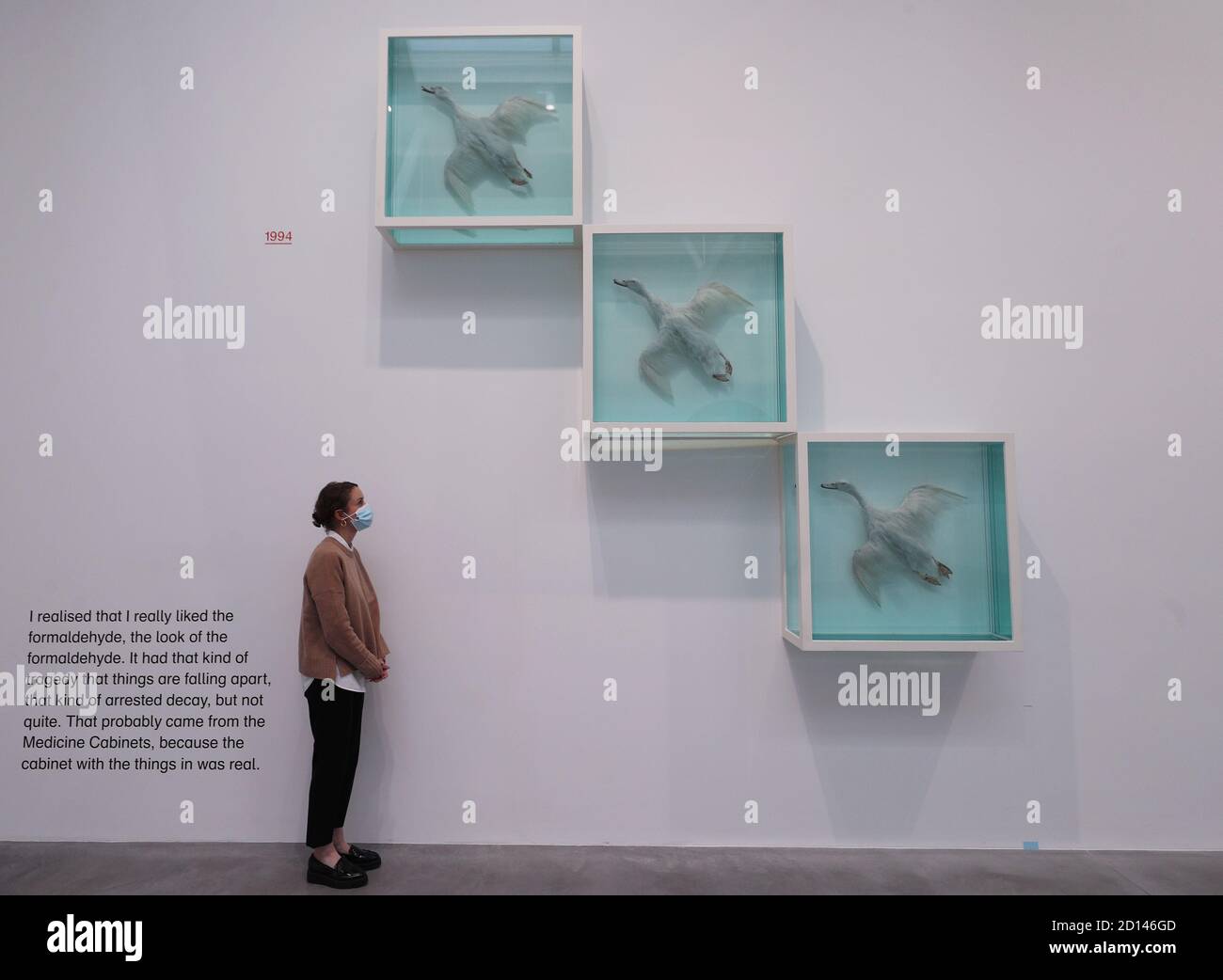 Un membro del personale della galleria si pone accanto a 'Up, Up and Away', 1997, durante un'anteprima della mostra personale di Damien Hirst intitolata 'End of a Century' alla Newport Street Gallery di Londra, Che sarà caratterizzato da oltre cinquanta opere d'arte che dureranno gli anni formativi di Hirst come studente negli anni '80 fino a diventare uno dei principali artisti contemporanei britannici durante gli anni '90. Foto Stock