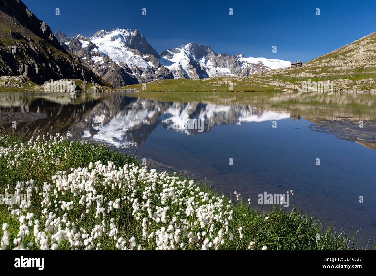 Francia, Hautes-Alpes, Parco Nazionale Ecrins, il rifugio e il lago Goléon (2438m) nel massiccio degli Oisans con la Meije e le Râteau (3809 m) nel bac Foto Stock