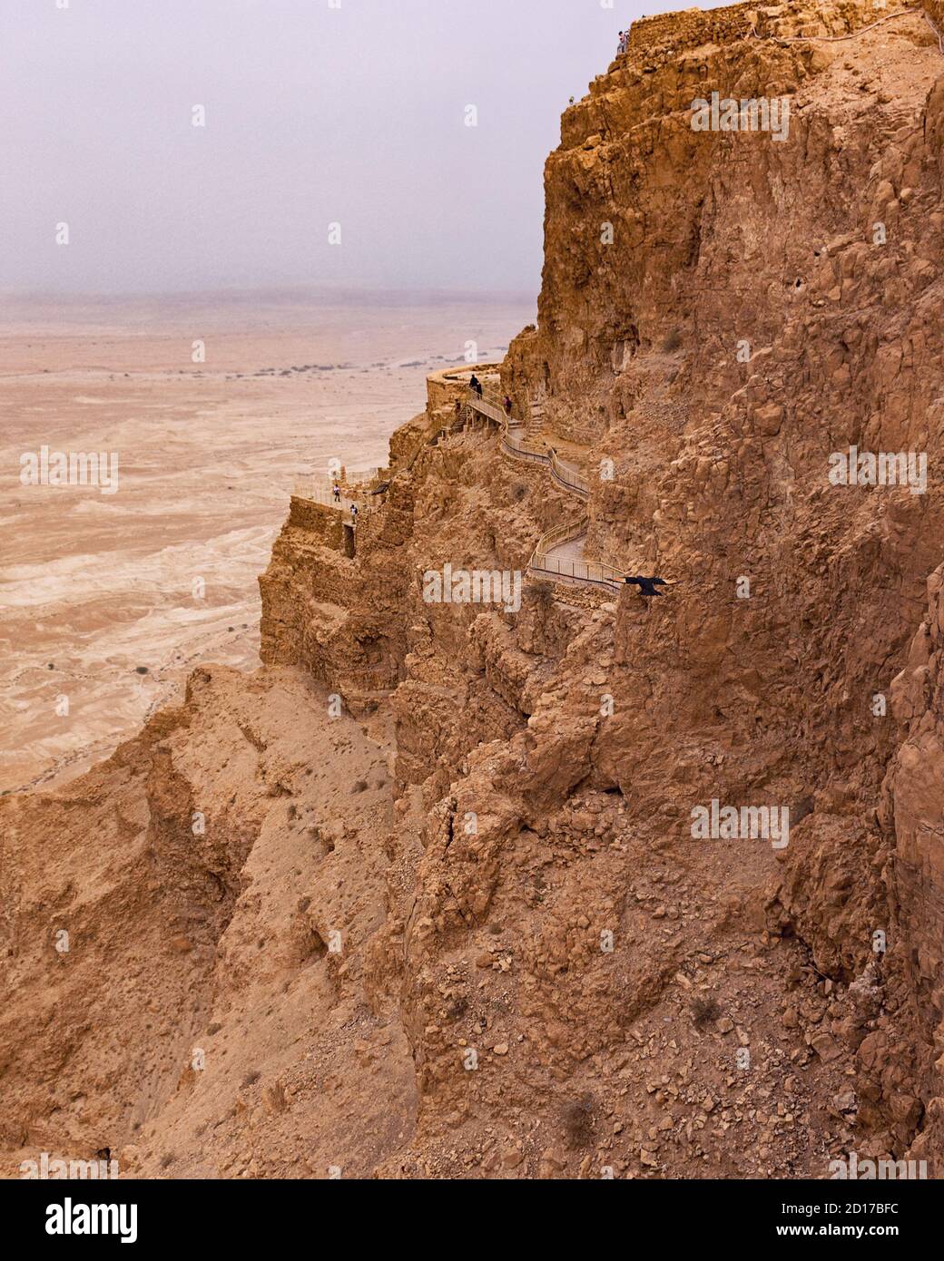 palazzo nord sul lato della scogliera più alta a masada fortezza in israele con la valle del giordano sullo sfondo e un uccello che vola stellato Foto Stock