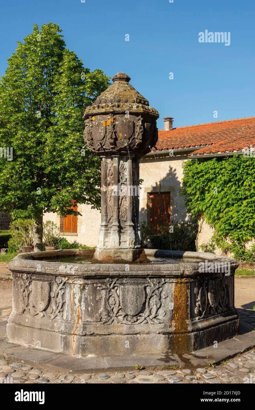 La fontana di Saint-Saturnin situato di fronte al castello, Puy de Dome, Auvergne Rodano Alpi, Francia Foto Stock