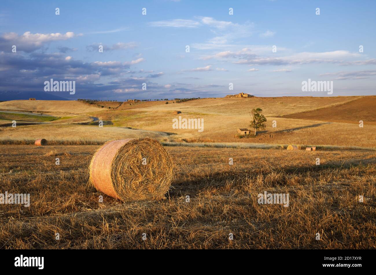 Vista sulla campagna in Sicilia, con campi di coltivazione estivi con balla di fieno rotondo, Italia Foto Stock Vista sulla campagna in Sicilia, con campi di coltivazione estivi con balla di fieno rotondo, Italia Foto Stock