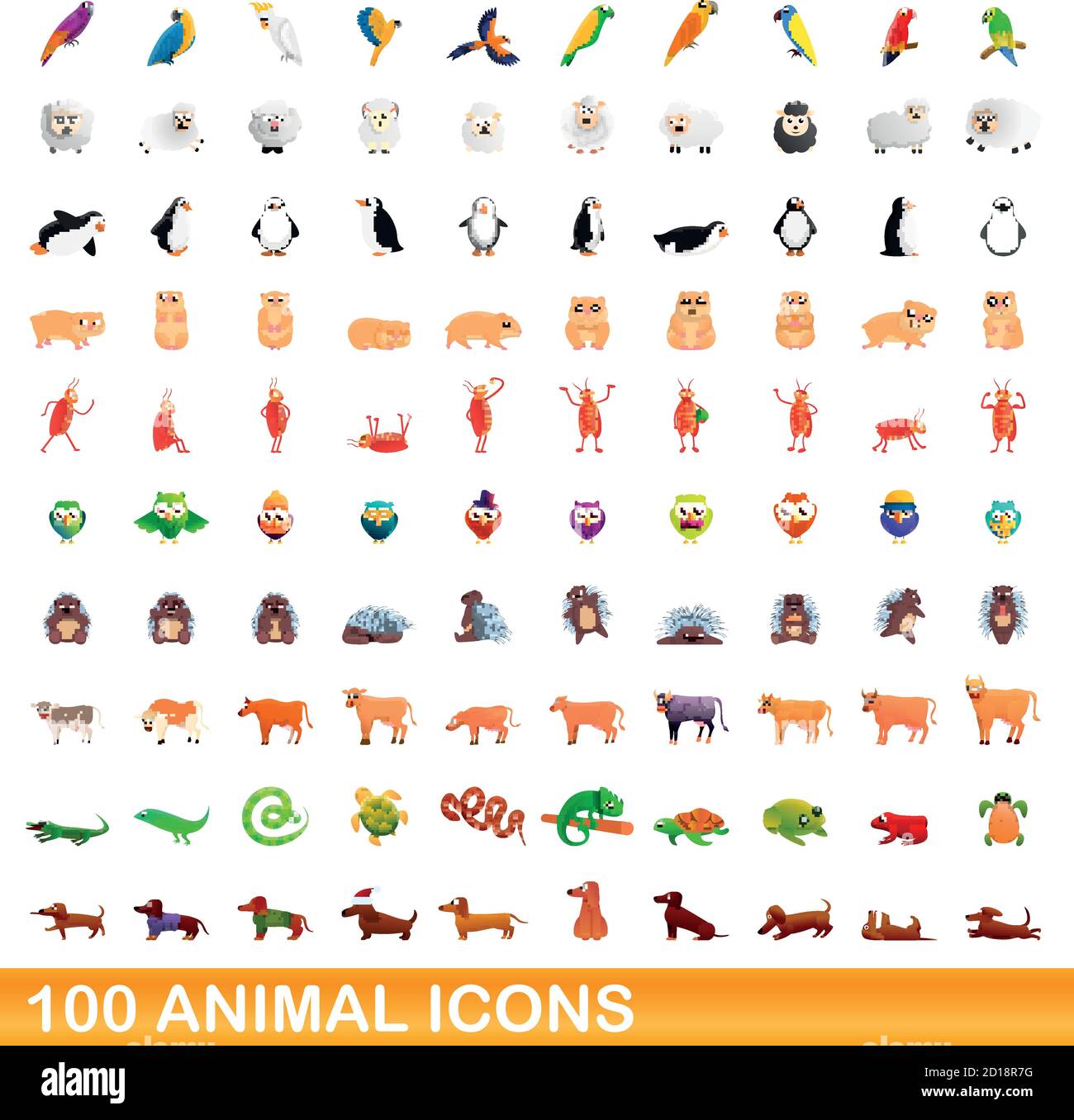 100 animali set di icone. Cartoon illustrazione di 100 icone animale set vettore isolato su sfondo bianco Illustrazione Vettoriale